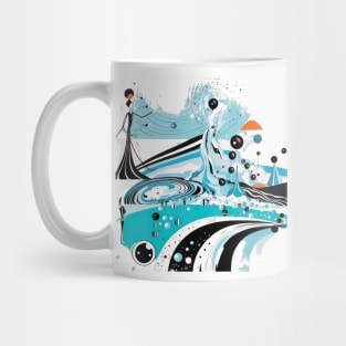 Whimsical Water Drops: A Modern Abstract Black and White Drawing Illustration of a Sky-Blue and Aquamarine Person Mug